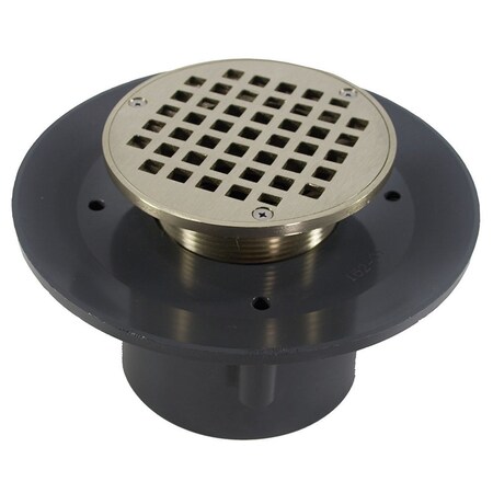Jones Stephens 3in. x 4in. Heavy Duty PVC Slab Drain Base with 3-1/2in. Metal Spud and 6in. Nickel Brass Strainer D49463